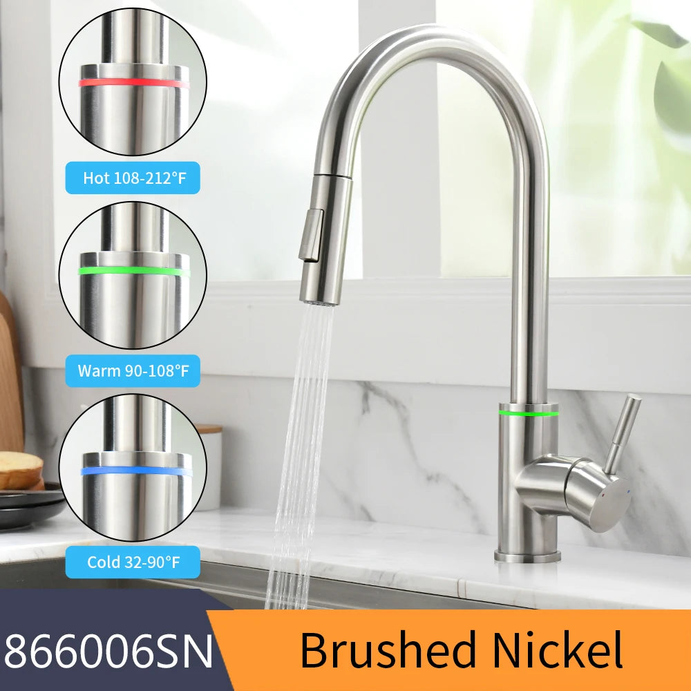 Brushed Nickel Kitchen Faucet Single Hole LED Style