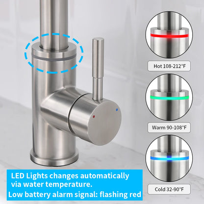 Brushed Nickel Kitchen Faucet Single Hole LED Style